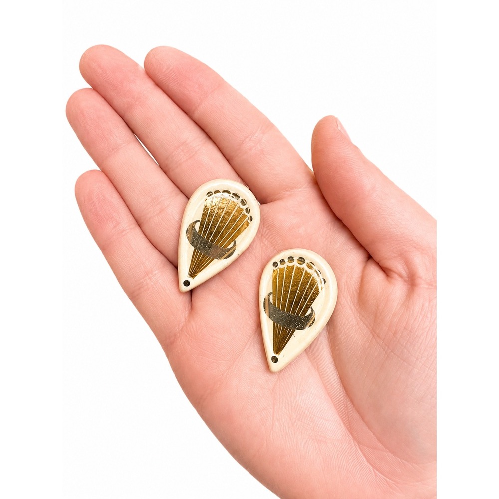 Vintage 80s Art Deco Revival Ceramic Clip On Earrings‎ Gold Silver Statement - Picture 5 of 7